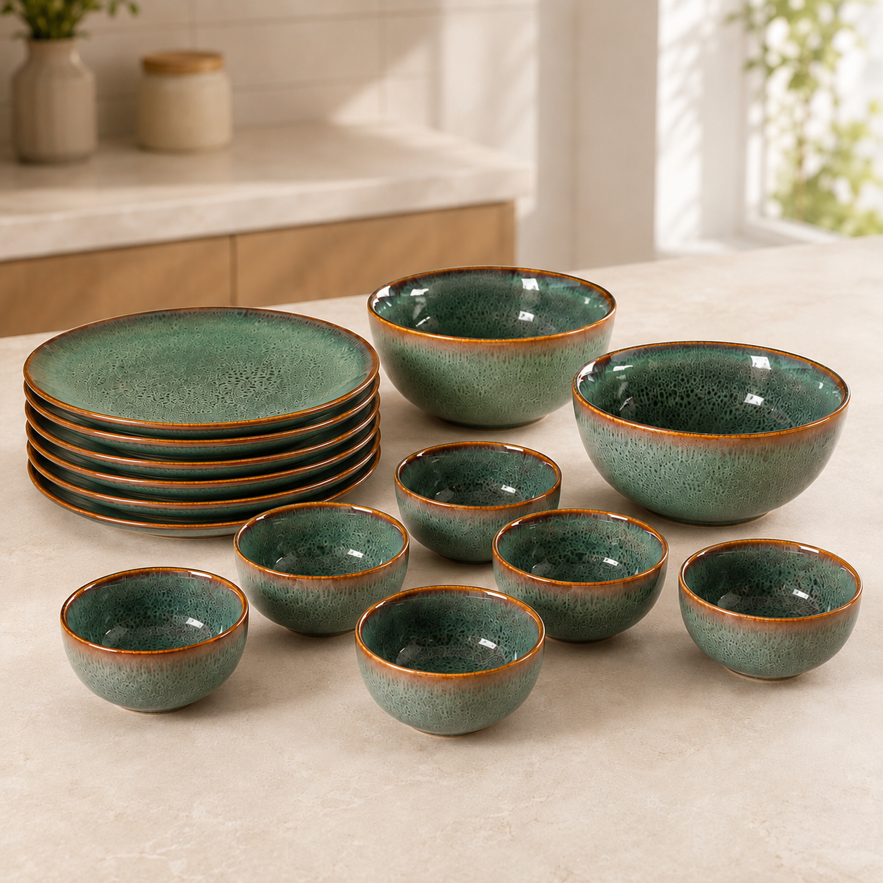 nestcase Ceramic Dinner Set of 14 Pieces | Speckled Green - image 1