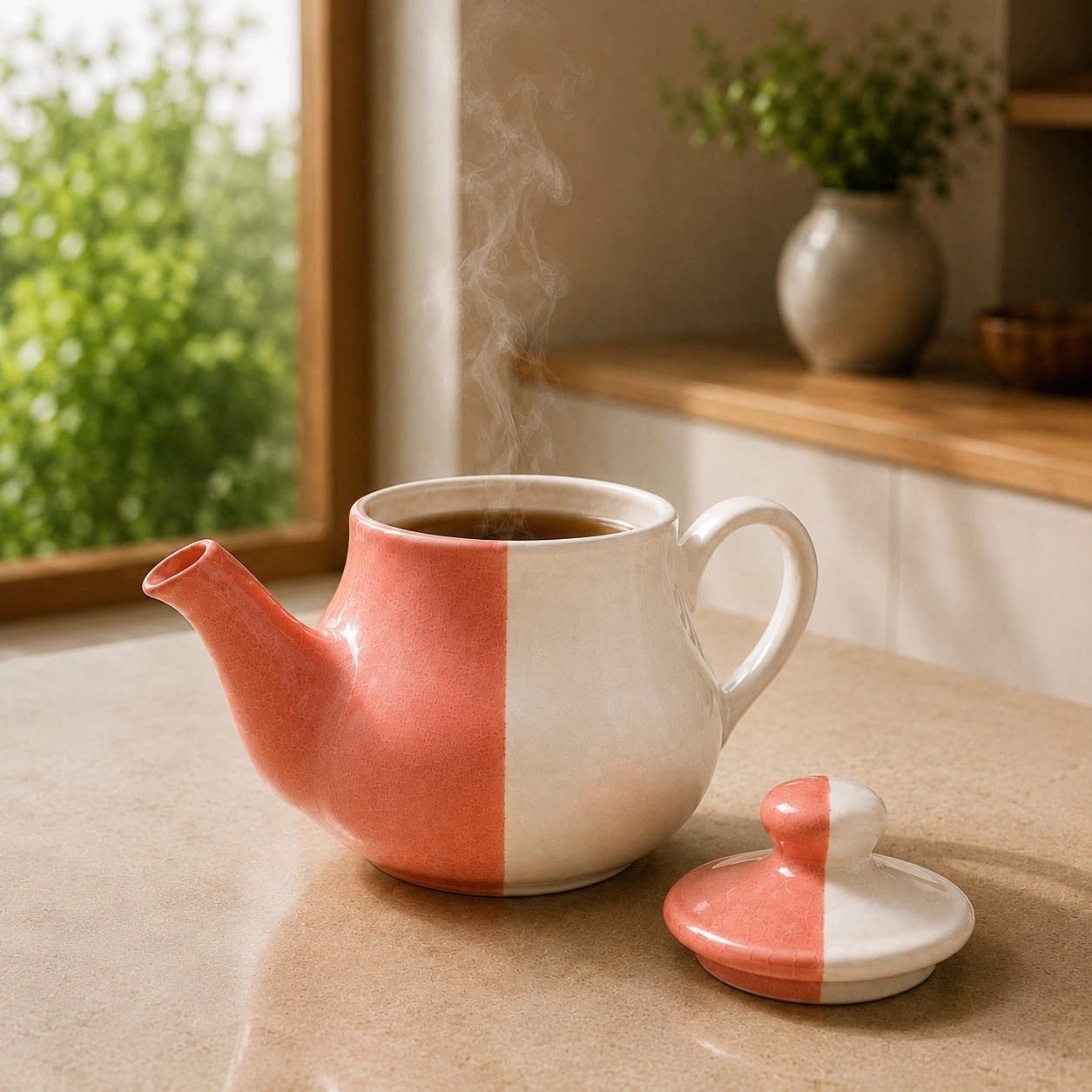 nestcase Ceramic Tea Set | 500 ml Teapot, 2 Cups & Serving Tray | Pink White - image 3