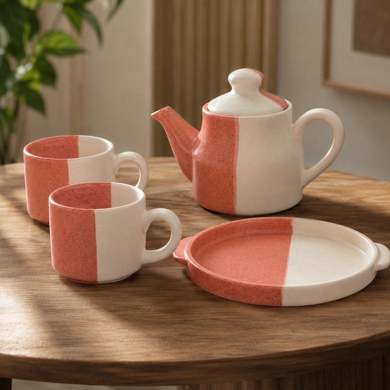 nestcase Ceramic Tea Set | 500 ml Teapot, 2 Cups & Serving Tray | Pink White - image 2