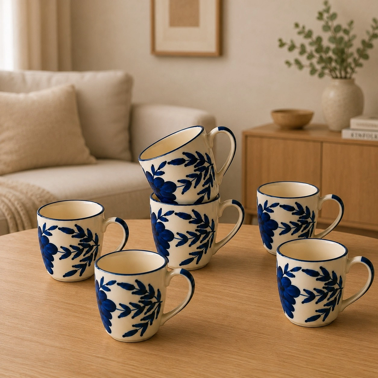 nestcase Ceramic Tea & Coffee Mugs Set of 6 – Ivory White with Floral Blue Design - image 1