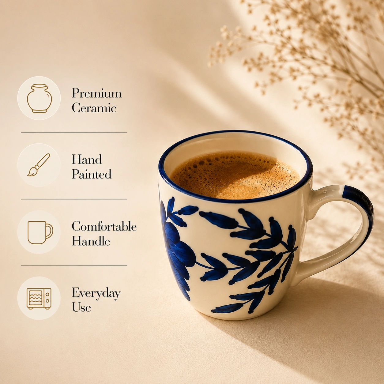 nestcase Ceramic Tea & Coffee Mugs Set of 6 – Ivory White with Floral Blue Design - image 5