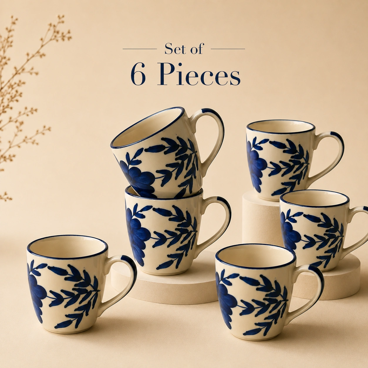 nestcase Ceramic Tea & Coffee Mugs Set of 6 – Ivory White with Floral Blue Design - image 3