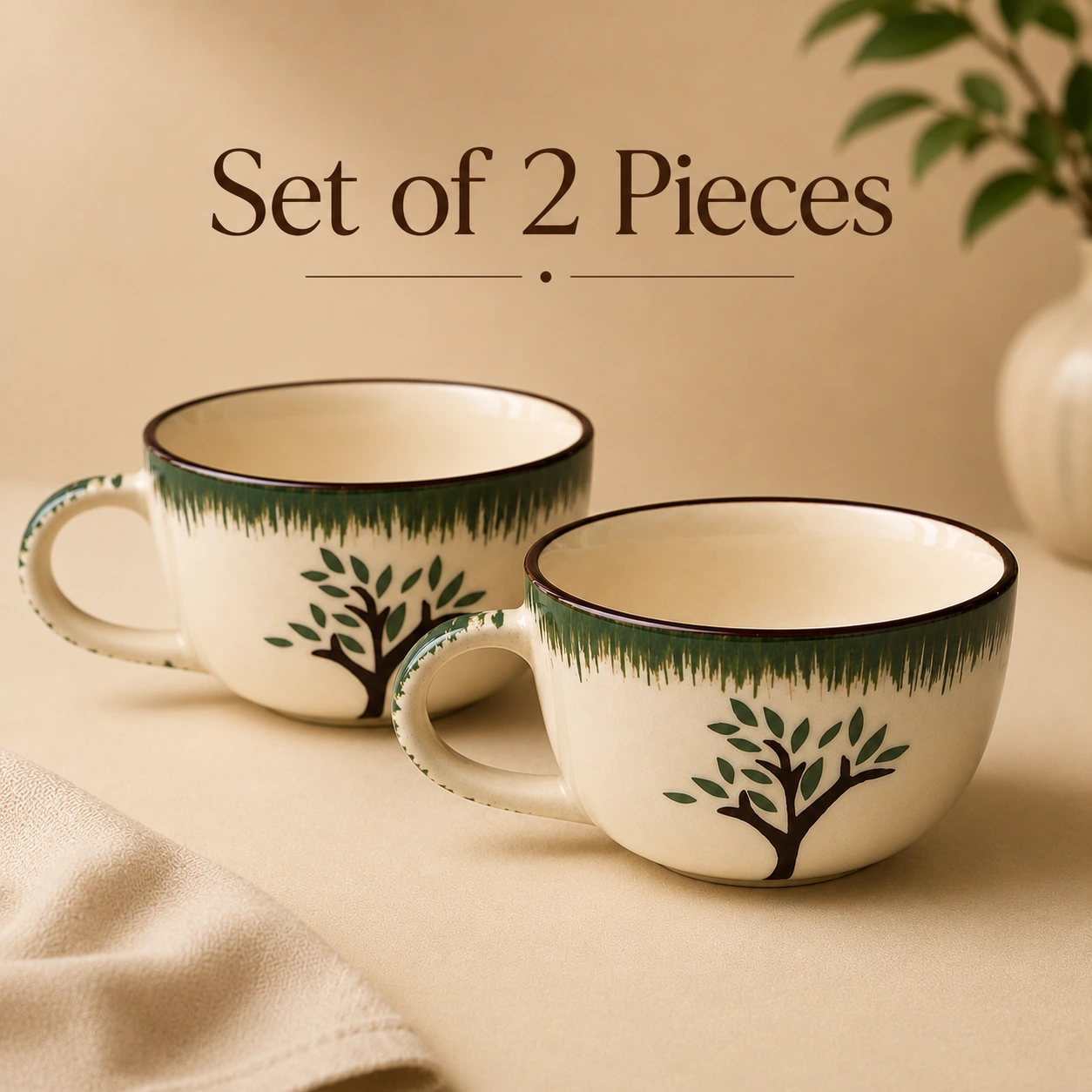 nestcase Ceramic Tea & Coffee Cups Set of 2 – White & Green Tree Design - image 1