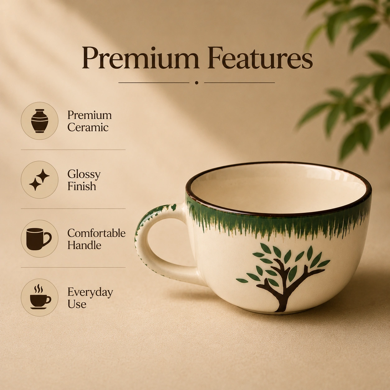 nestcase Ceramic Tea & Coffee Cups Set of 2 – White & Green Tree Design - image 4