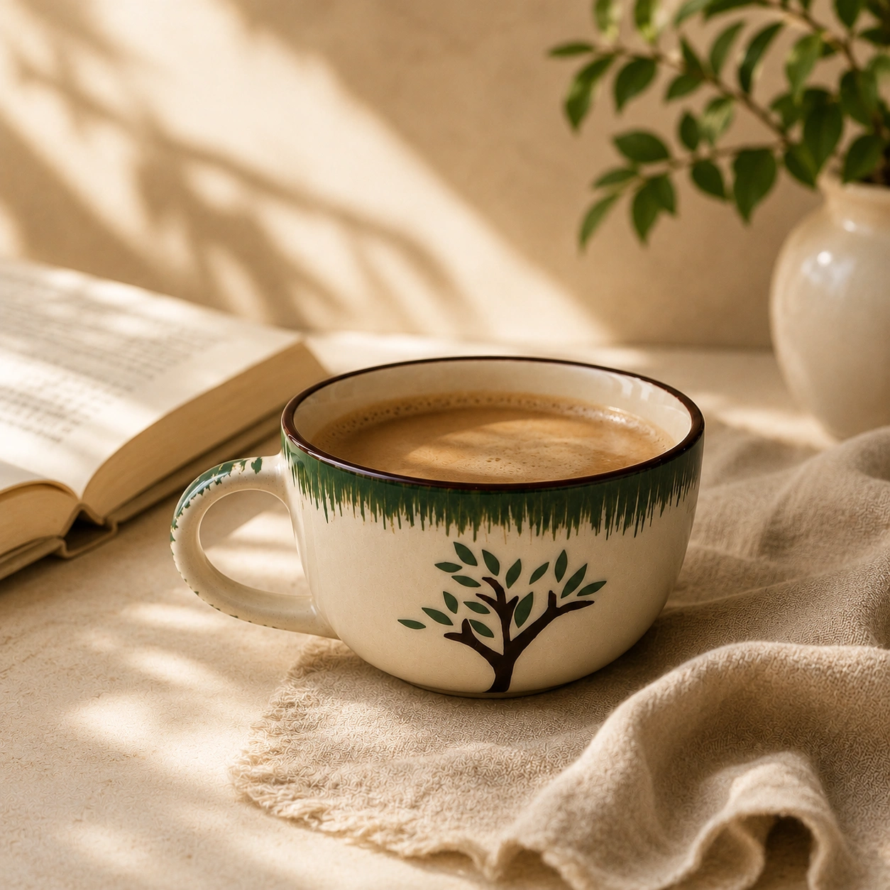 nestcase Ceramic Tea & Coffee Cups Set of 2 – White & Green Tree Design - image 3
