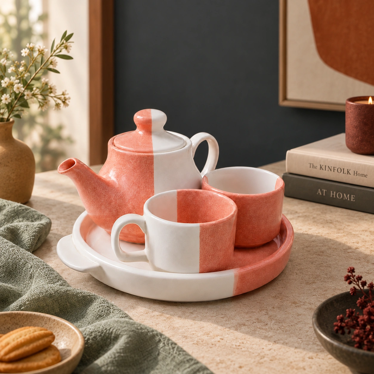 nestcase Ceramic Tea Set | 500 ml Teapot, 2 Cups & Serving Tray | Pink White - image 1